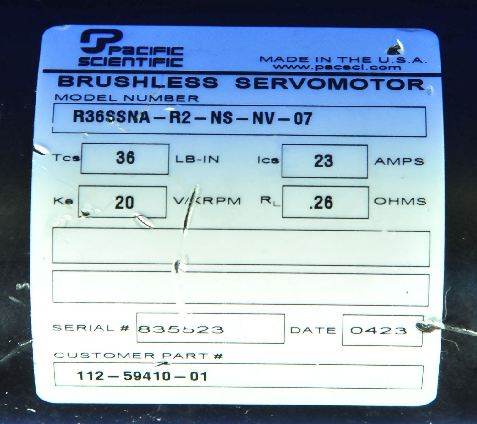 サンプル2 921 PACIFIC SCIENTIFIC BRUSHLESS SERVOMOTOR R36SSNA-R2-NS-NV-07 | eBay